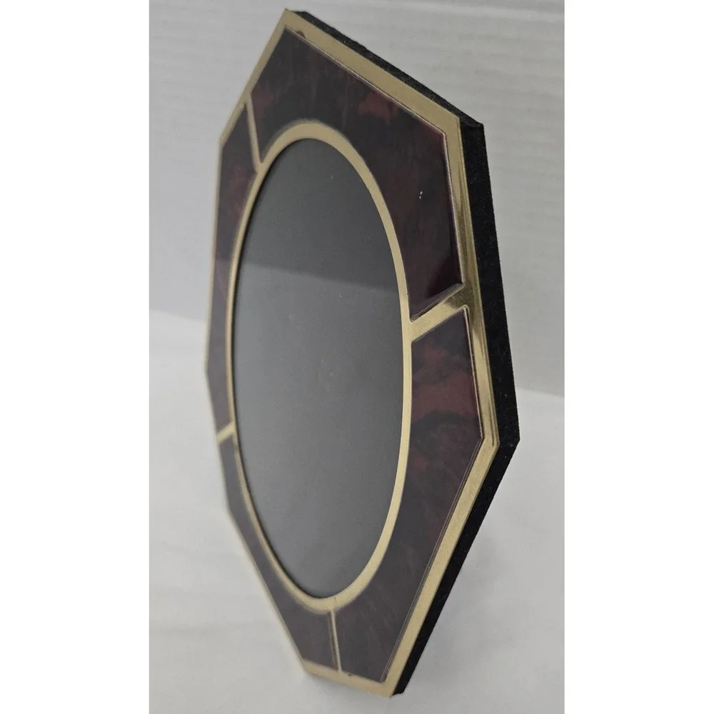 MCM Vintage Brass & Red Faux Tortoise Octagon Tabletop Frame Oval Glass Window